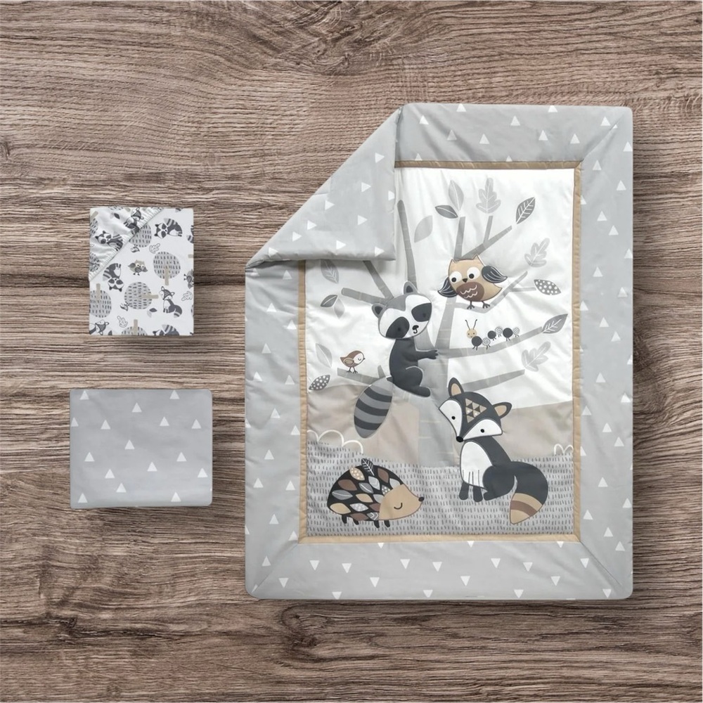 Woodland Animals Print Baby Crib Bedding Set Fox Owl Raccoon Little Rascals